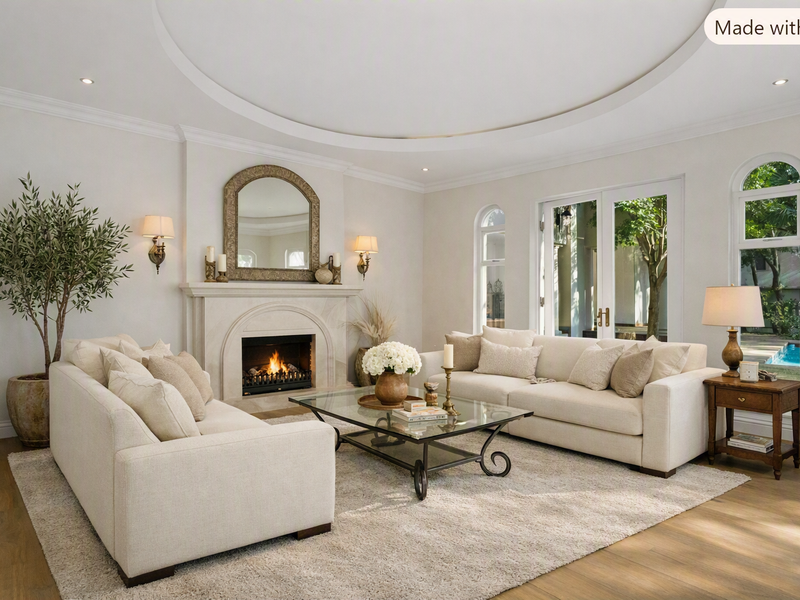 Elegant living room featuring a central fireplace, recessed ceiling detail, hardwood floors, and arched windows providing natural light and garden views.