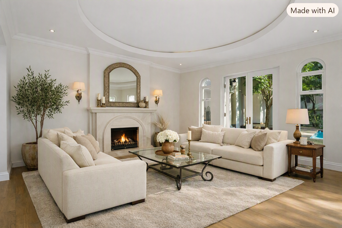 Elegant living room featuring a central fireplace, recessed ceiling detail, hardwood floors, and arched windows providing natural light and garden views.