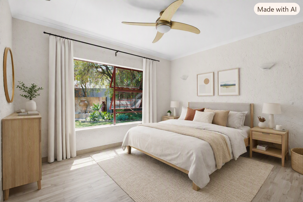 A bright, well-maintained bedroom featuring a ceiling fan, laminate flooring, and a large window with security bars overlooking the garden.