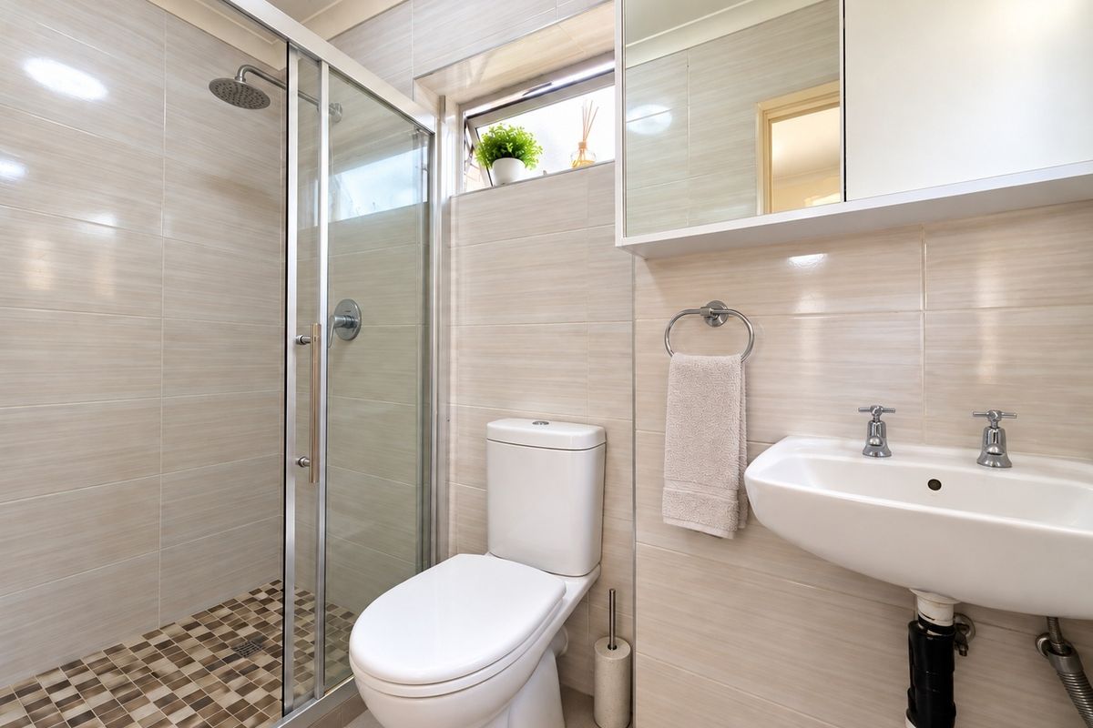 A well-maintained bathroom featuring a glass-enclosed shower, mosaic floor tiling, wall-mounted vanity cabinet, and neutral ceramic wall finishes.