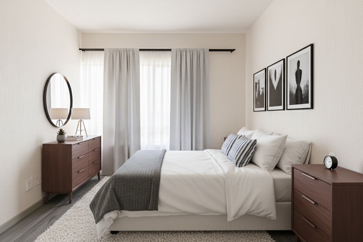 A well-lit bedroom featuring neutral wall finishes, modern laminate flooring, and a curtain rod installation.