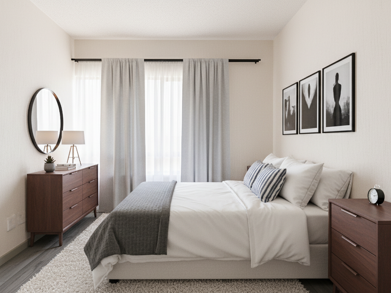 A well-lit bedroom featuring neutral wall finishes, modern laminate flooring, and a curtain rod installation.