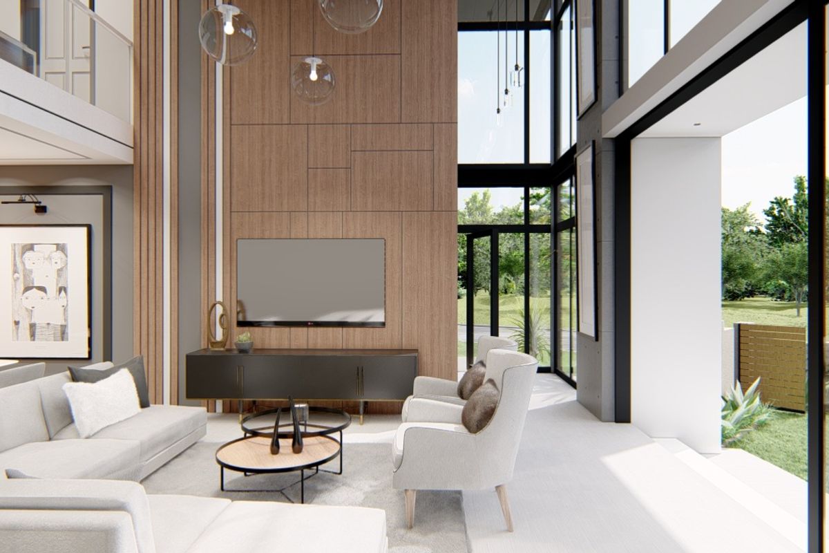 A modern, double-height living room featuring a wood-paneled feature wall, expansive floor-to-ceiling windows, and seamless access to the outdoor area.