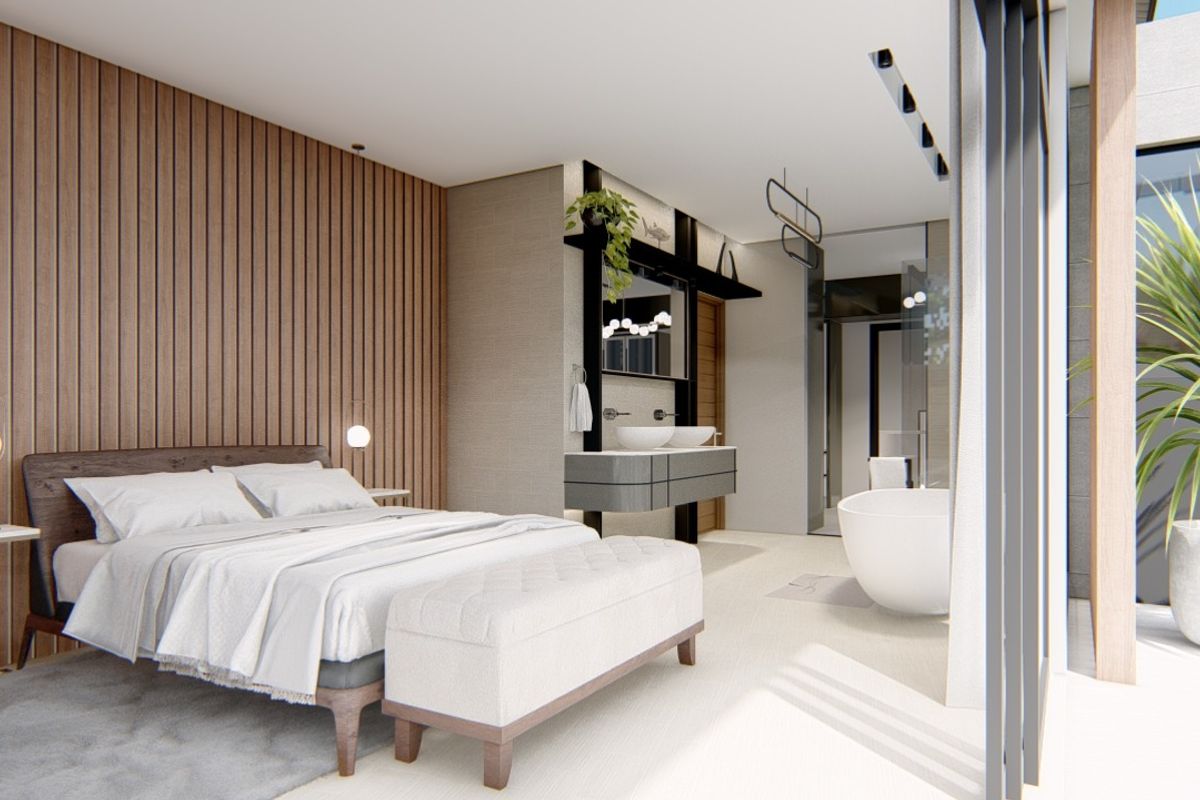 Modern master bedroom suite featuring timber slat wall paneling, an integrated open-plan bathroom with a double vanity, and a freestanding bathtub.
