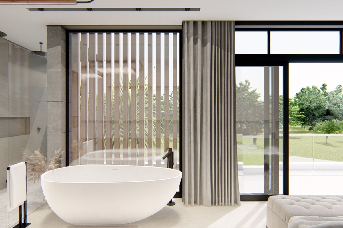 Modern bathroom featuring a sleek freestanding bathtub, rain shower, and large floor-to-ceiling windows with access to an outdoor area.