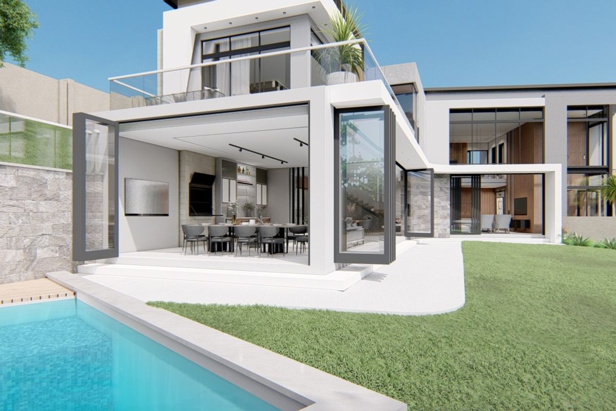 A modern luxury residence featuring a seamless indoor-outdoor flow with bi-fold doors, a covered patio, built-in braai, and a private swimming pool.