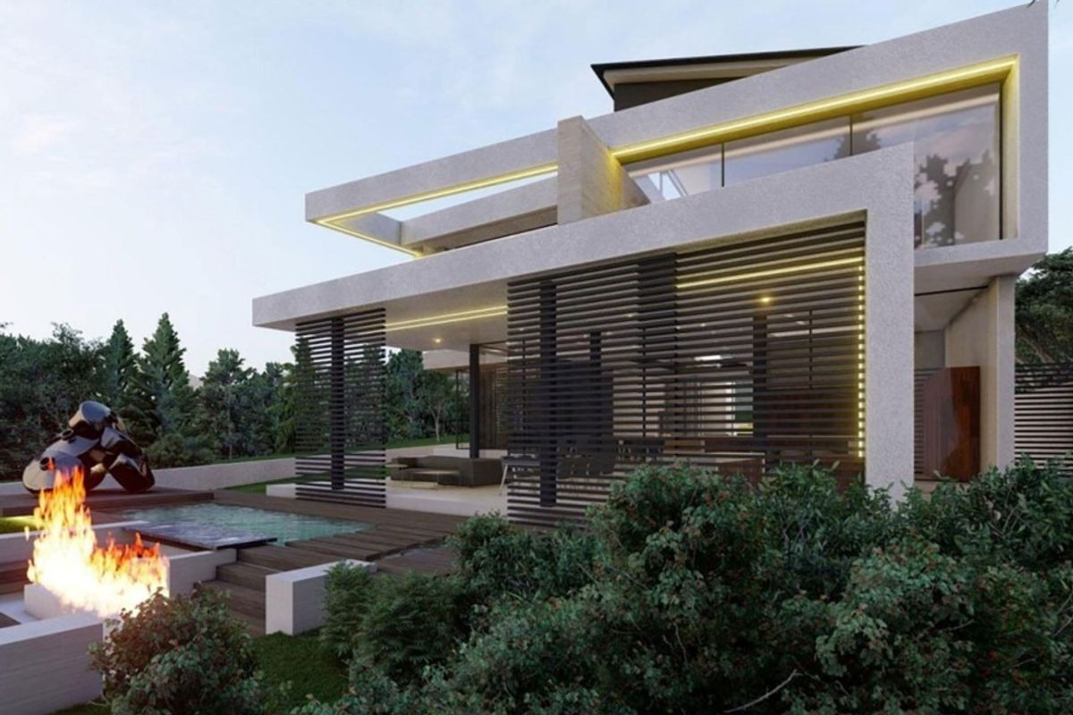 Modern architectural rear elevation featuring a swimming pool, integrated fire pit, timber decking, and expansive glass windows with contemporary louvered privacy screens.