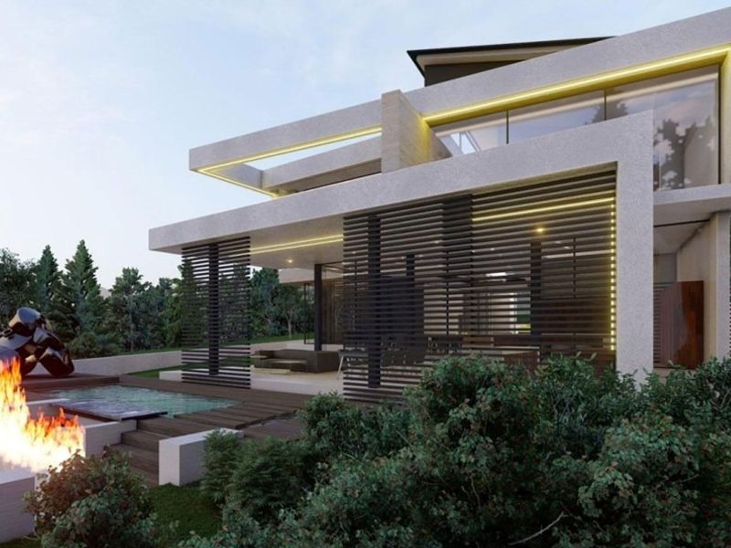 Modern architectural rear elevation featuring a swimming pool, integrated fire pit, timber decking, and expansive glass windows with contemporary louvered privacy screens.