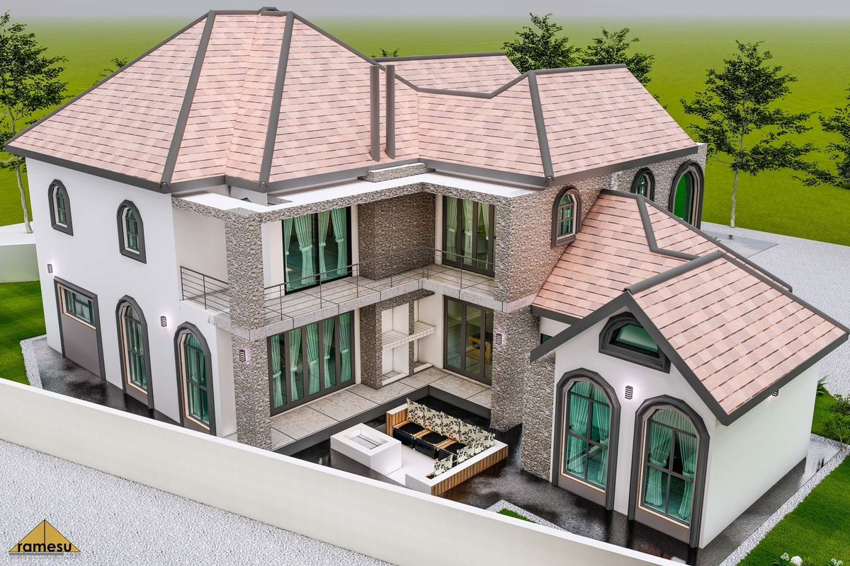 An aerial perspective of a modern residential property featuring stone cladding, a tiled roof, and a private patio area.