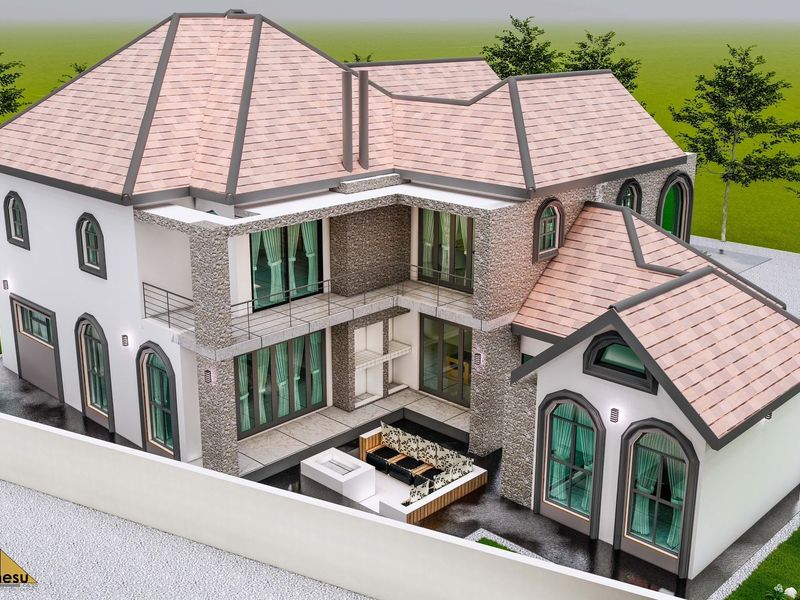 An aerial perspective of a modern residential property featuring stone cladding, a tiled roof, and a private patio area.