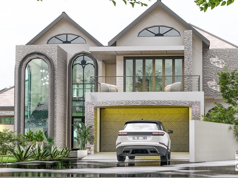 A modern architectural front elevation featuring stone cladding, arched windows, a balcony, and a double garage.