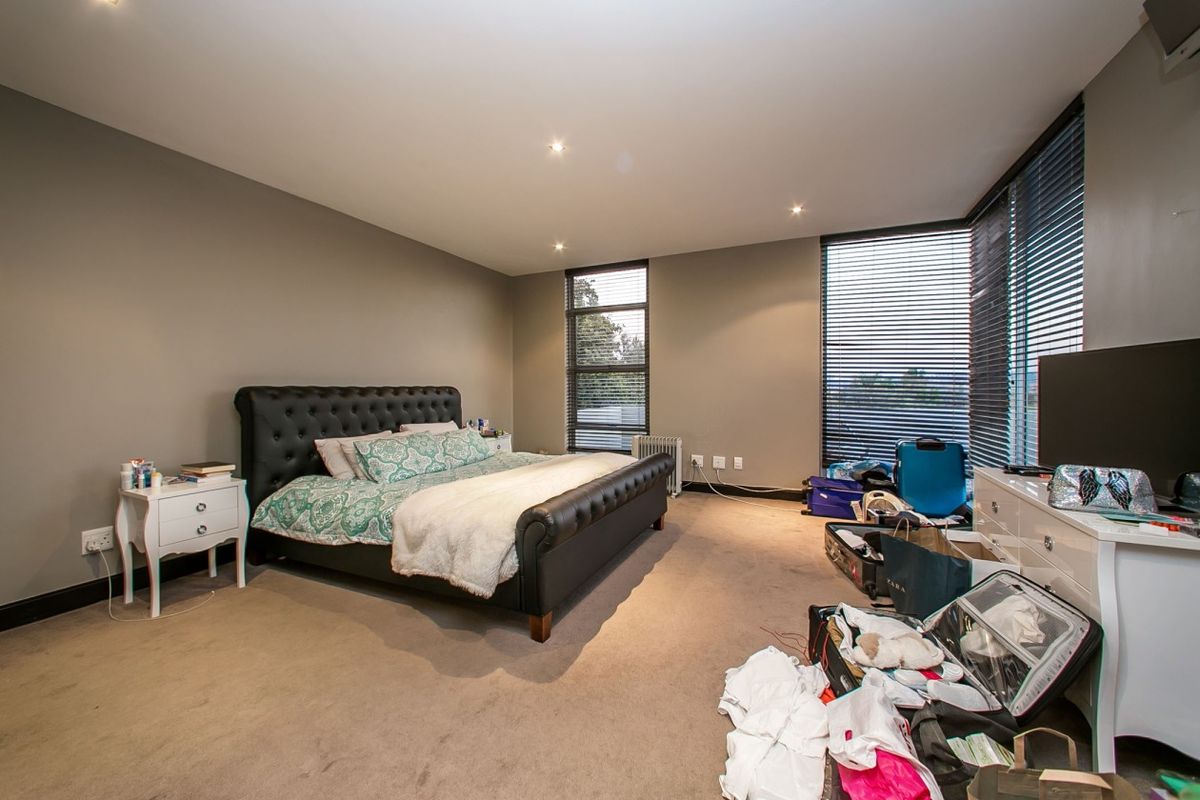 Spacious bedroom featuring neutral wall tones, carpeted flooring, recessed lighting, and large windows with fitted venetian blinds.