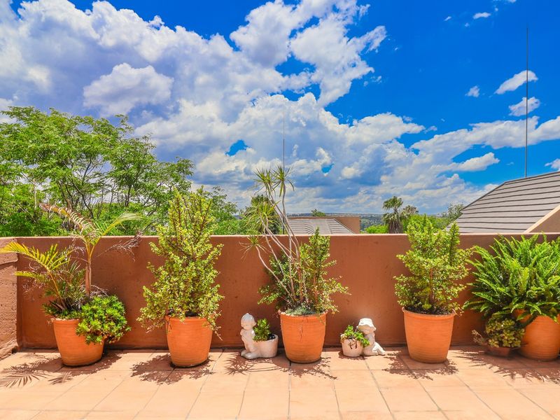 A sunny, open-air balcony featuring tiled flooring and a solid masonry parapet wall, offering a pleasant outdoor space with elevated views.