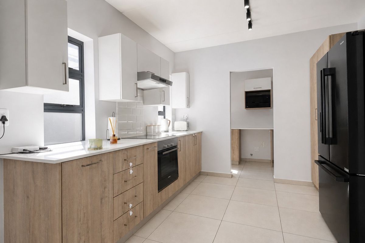 Modern kitchen featuring light wood-tone cabinetry, stone countertops, subway tile backsplash, integrated oven and hob, and sleek track lighting.