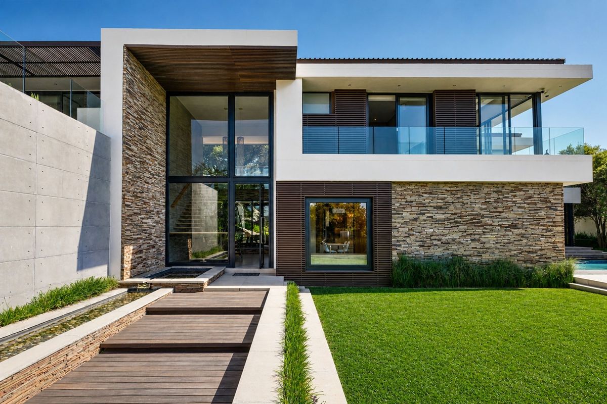 Modern luxury residence featuring stone cladding, timber decking, a water feature, and a glass-balustraded balcony overlooking a manicured garden and swimming pool.