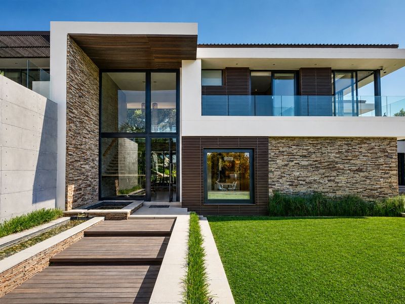 Modern luxury residence featuring stone cladding, timber decking, a water feature, and a glass-balustraded balcony overlooking a manicured garden and swimming pool.