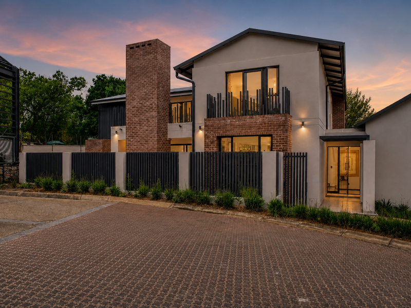 Modern two-story residence featuring a striking brick chimney, contemporary metal fencing, and a paved driveway at dusk.