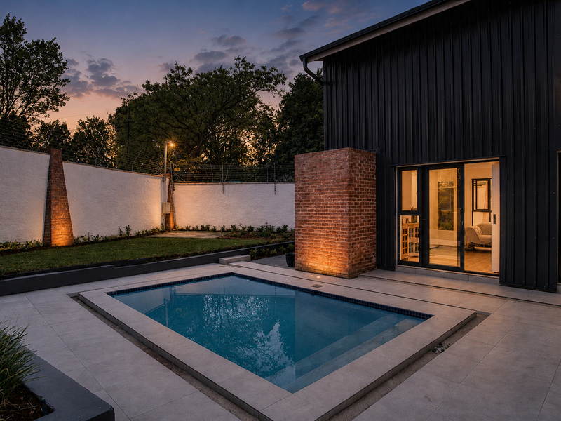 Modern outdoor pool area featuring a tiled patio, brick accent wall, and contemporary metal-clad exterior, perfect for evening relaxation and entertainment.