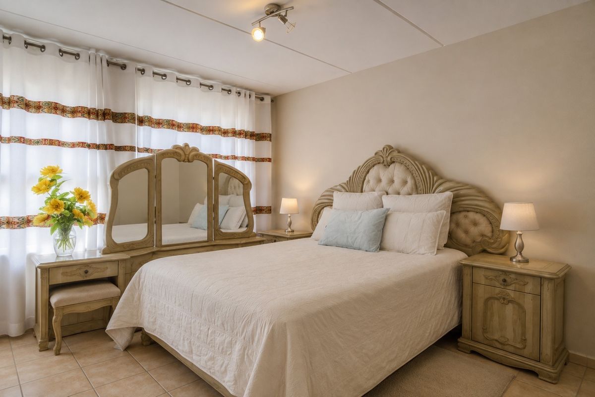 A well-maintained bedroom featuring neutral wall tones, tiled flooring, and a functional ceiling light fixture.
