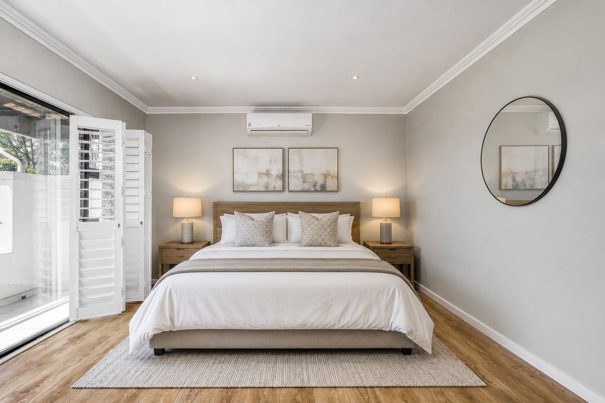A well-maintained bedroom featuring laminate flooring, crown molding, recessed lighting, an air conditioning unit, and sliding glass doors with plantation shutters.