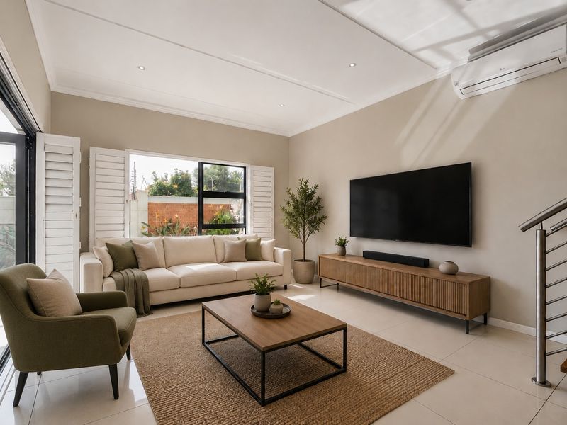 A bright and modern living room featuring tiled floors, plantation shutters, a split-system air conditioner, and a sleek staircase railing.