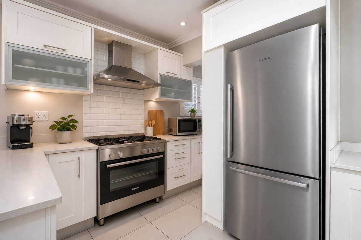 Modern kitchen featuring white shaker cabinetry, quartz countertops, subway tile backsplash, and high-quality stainless steel appliances including a gas stove and oven.