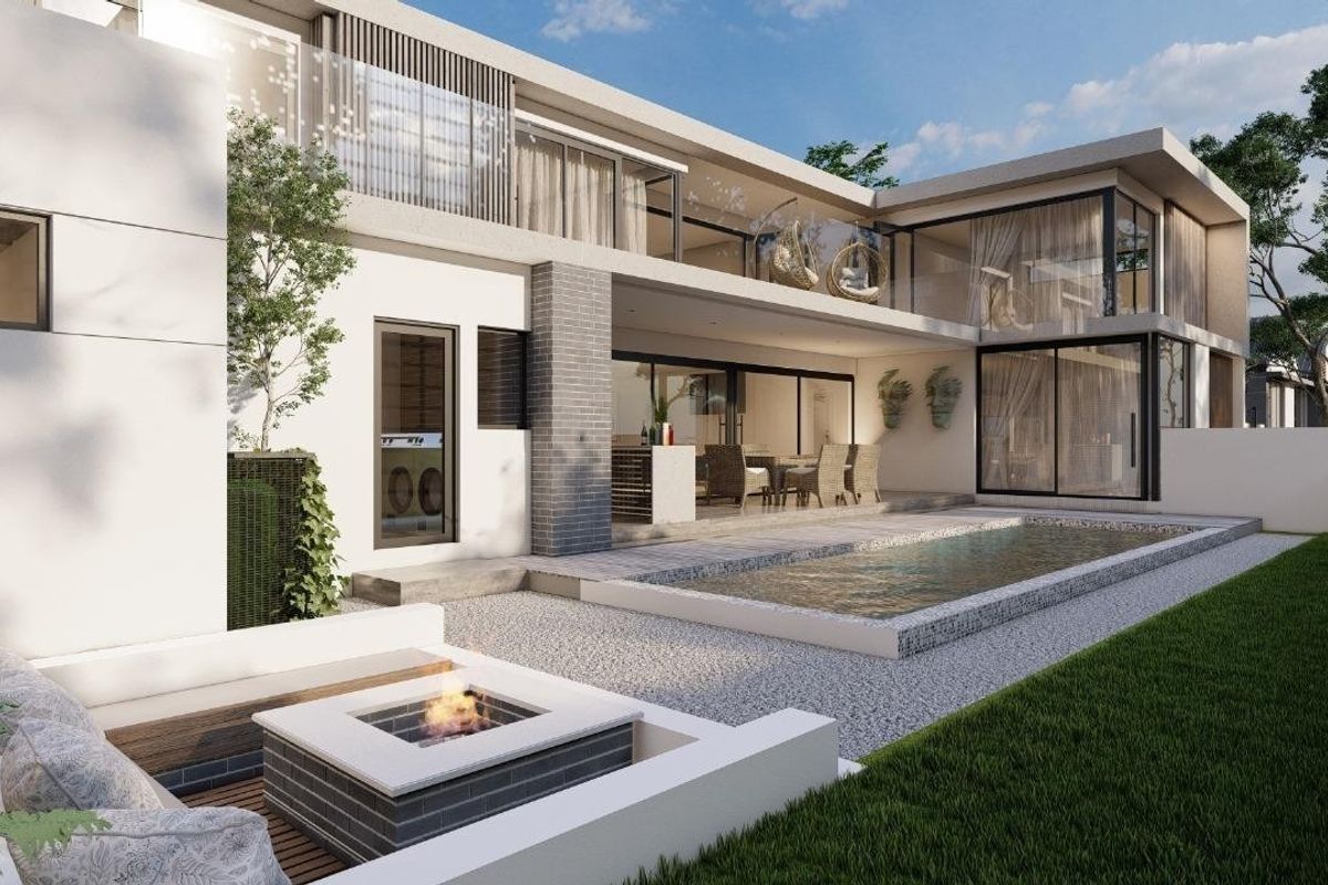Modern rear exterior view featuring a swimming pool, built-in fire pit, and a spacious balcony overlooking the landscaped garden.