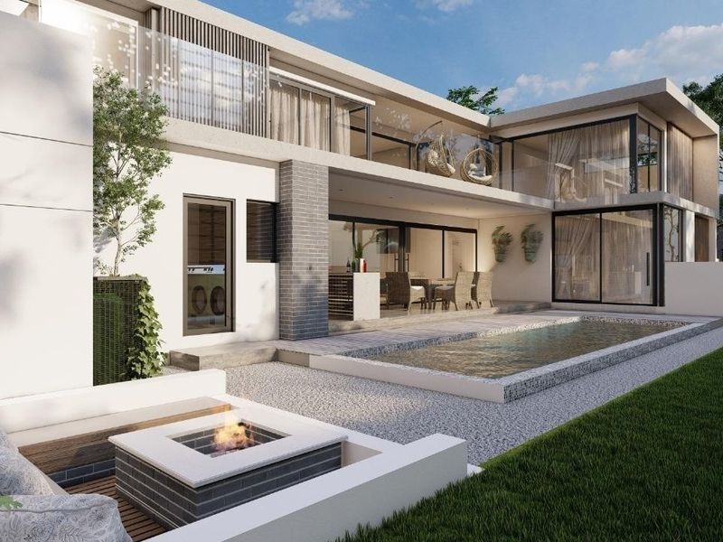 Modern rear exterior view featuring a swimming pool, built-in fire pit, and a spacious balcony overlooking the landscaped garden.
