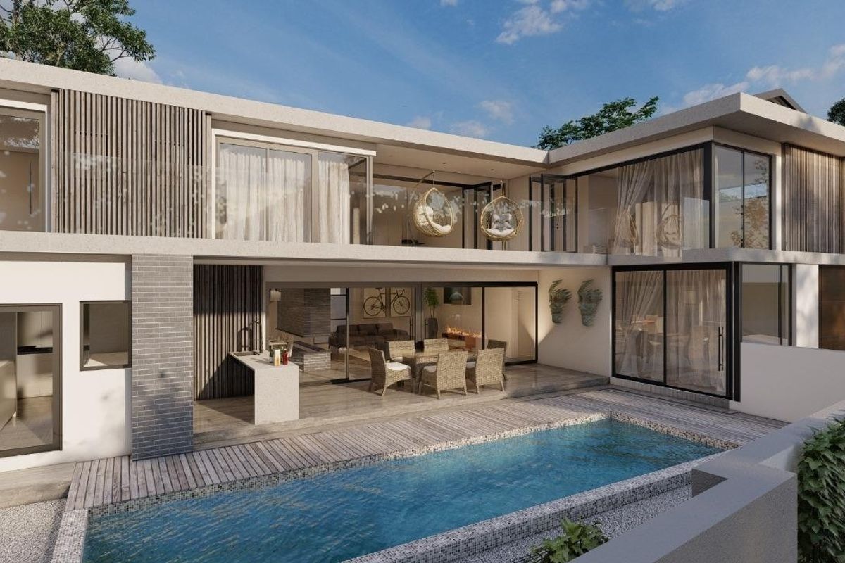 A modern architectural rendering of a rear exterior featuring a swimming pool, timber decking, covered patio, and expansive glass sliding doors.