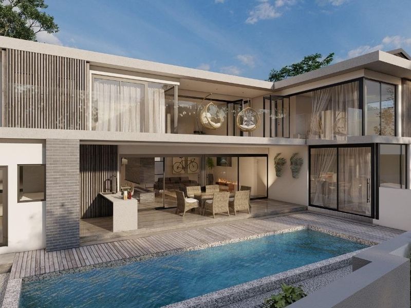 A modern architectural rendering of a rear exterior featuring a swimming pool, timber decking, covered patio, and expansive glass sliding doors.
