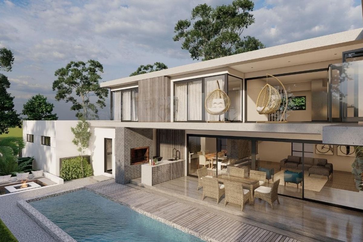 A modern architectural rendering of a rear exterior featuring a swimming pool, timber decking, built-in braai area, and expansive sliding glass doors.
