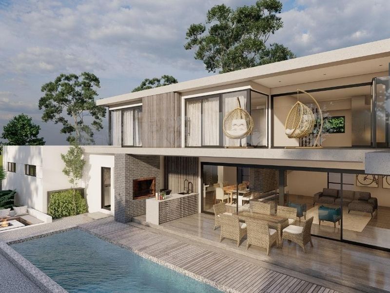 A modern architectural rendering of a rear exterior featuring a swimming pool, timber decking, built-in braai area, and expansive sliding glass doors.