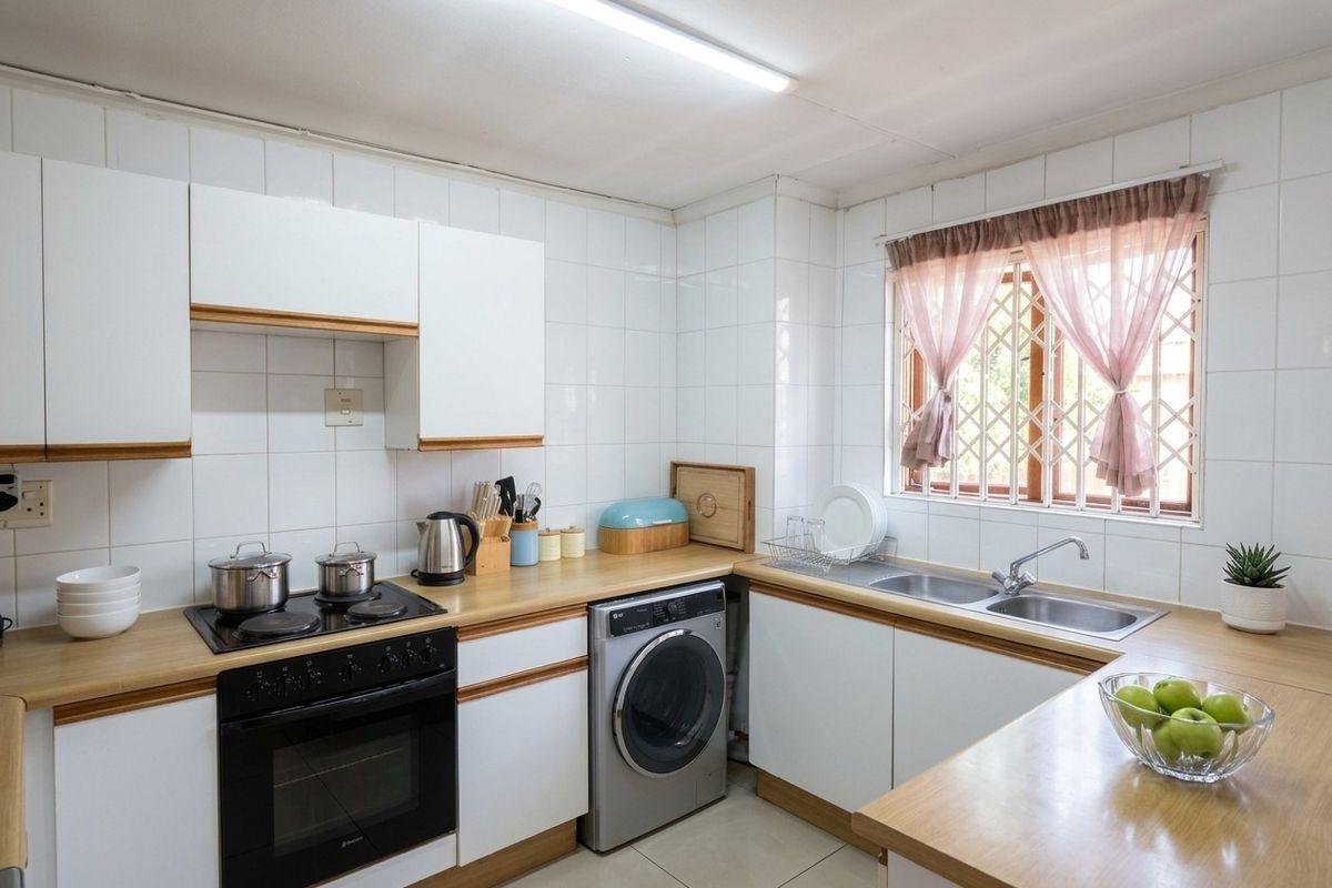 A functional kitchen featuring white cabinetry, wood-look countertops, a built-in oven and hob, and a double sink with a window view.