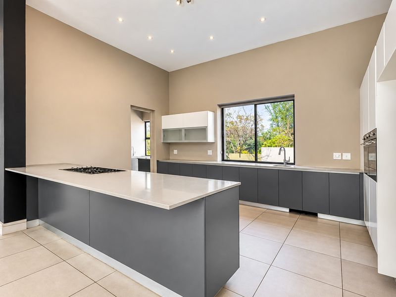 Modern kitchen featuring a large island with gas cooktop, sleek grey cabinetry, stone countertops, and integrated oven, set in a bright, open-plan space.