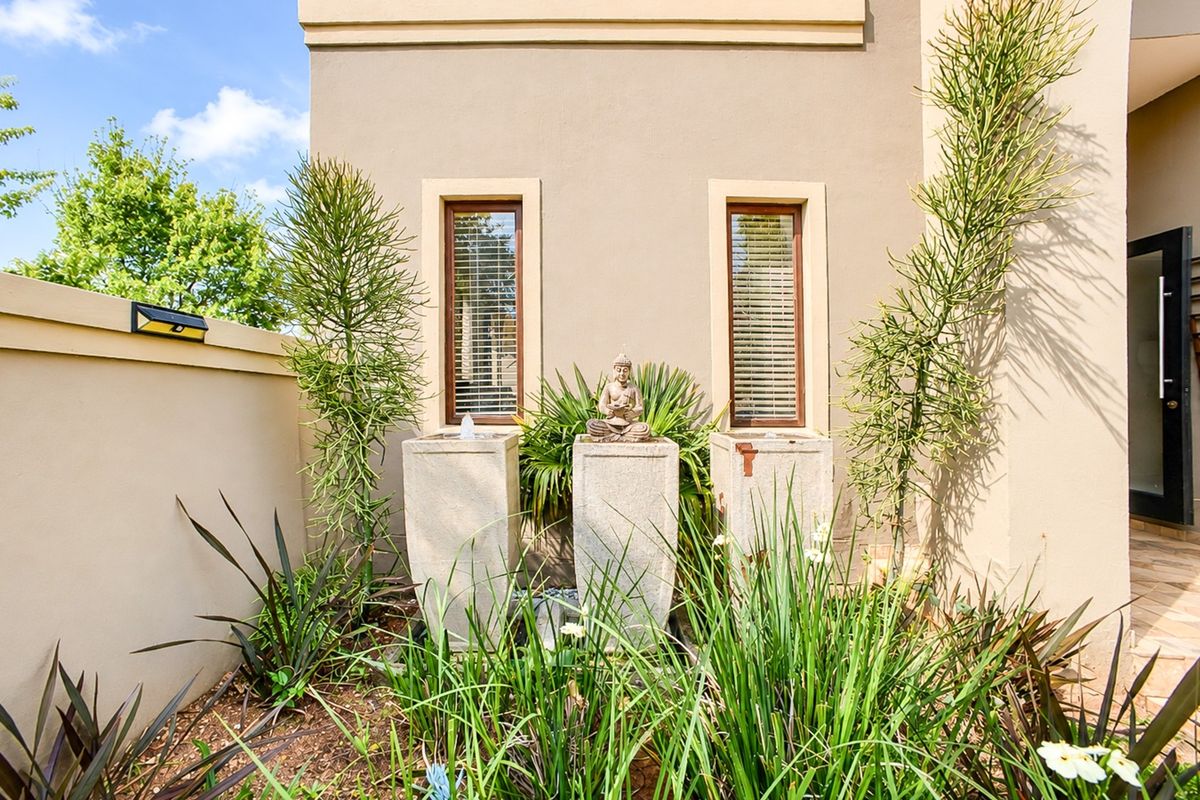 A well-maintained rear exterior area featuring a plastered boundary wall, timber-framed windows, and landscaped garden beds with integrated water features.