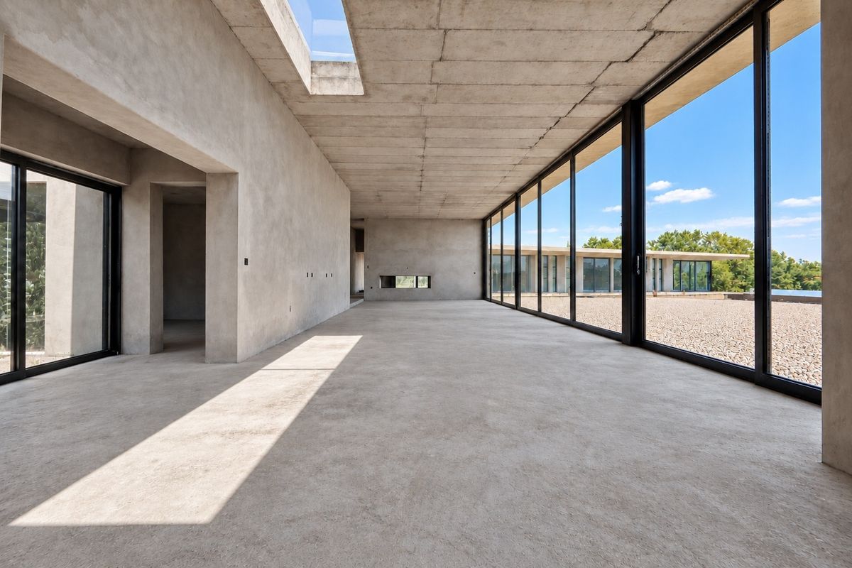 Spacious open-plan living area featuring raw concrete finishes, a large skylight, and expansive floor-to-ceiling glass doors opening to an outdoor gravel terrace.