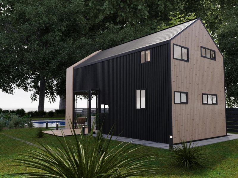 A modern two-story townhouse featuring a striking combination of black corrugated metal and timber-look cladding, set in a landscaped garden with a pool.