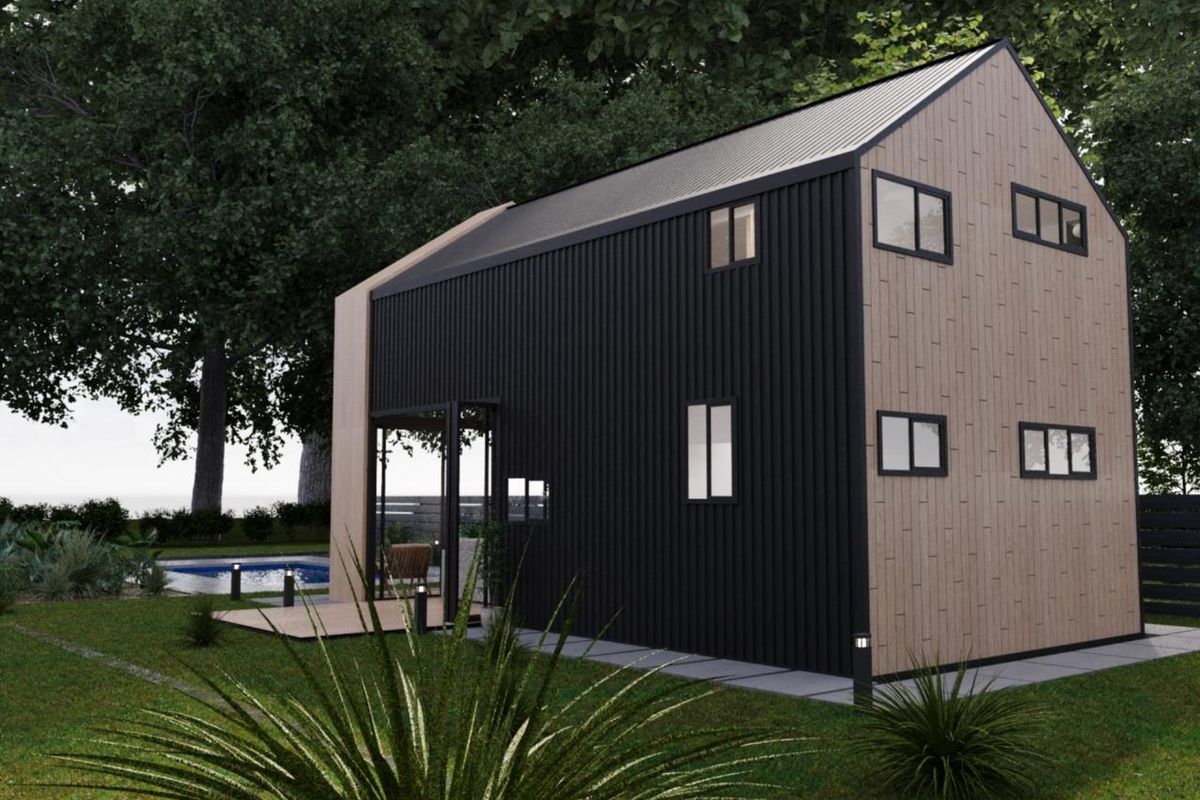 A modern two-story townhouse featuring a striking combination of black corrugated metal and timber-look cladding, set in a landscaped garden with a pool.