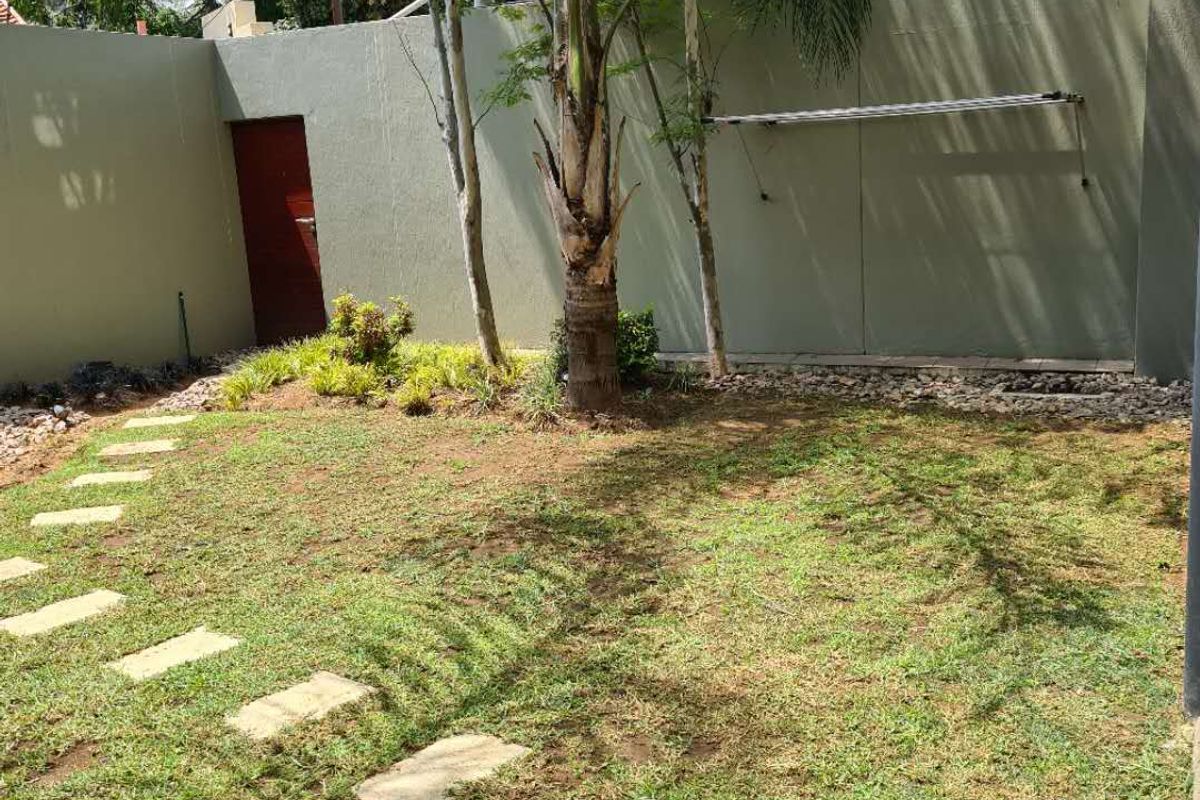 A private rear garden area featuring a lawn, stone paver pathway, mature palm tree, and a wall-mounted drying rack.