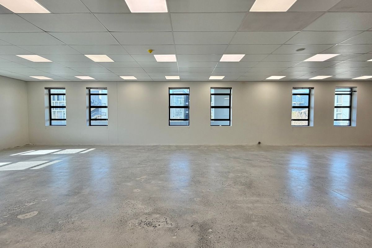 A spacious, open-plan commercial office area featuring a suspended ceiling, recessed lighting, and polished concrete flooring with abundant natural light.