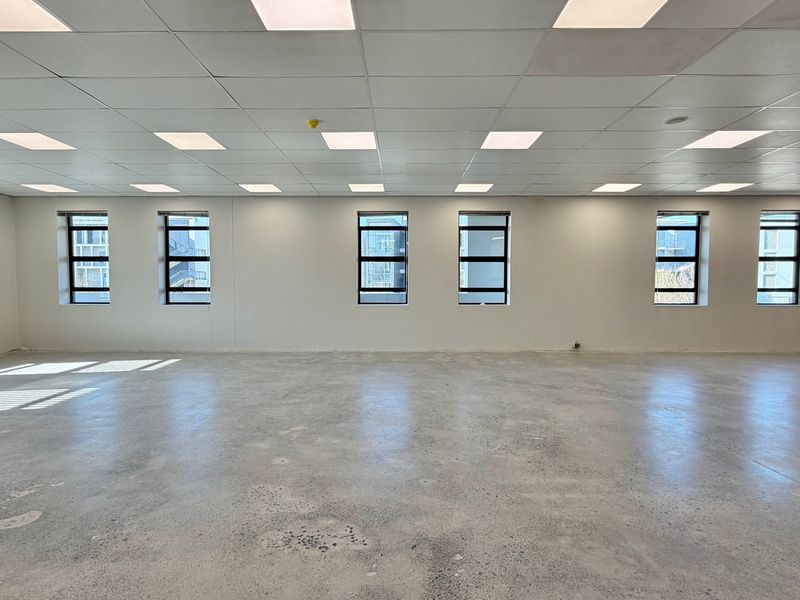 A spacious, open-plan commercial office area featuring a suspended ceiling, recessed lighting, and polished concrete flooring with abundant natural light.