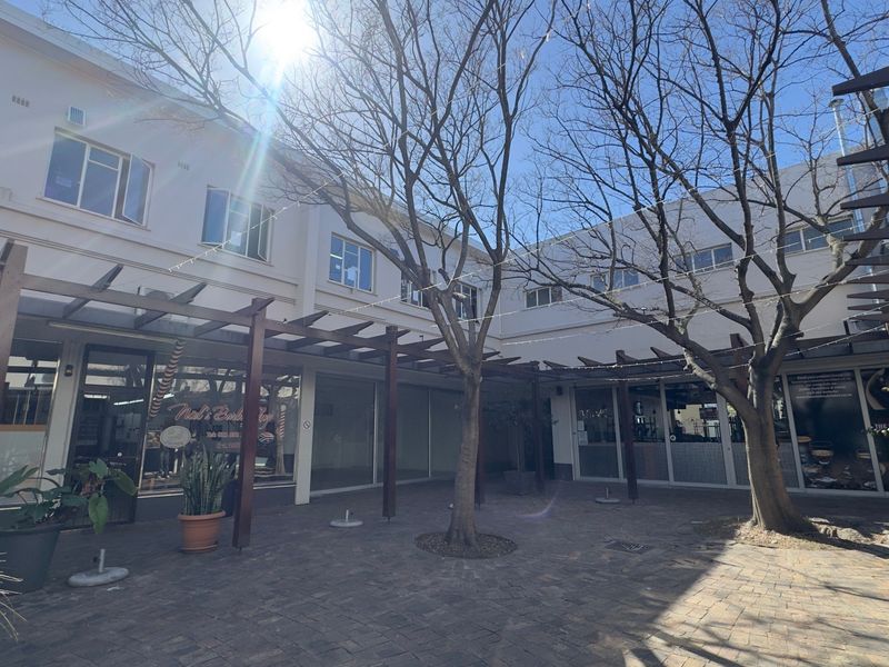 A paved outdoor courtyard area featuring a timber pergola structure, mature trees, and access to multiple commercial storefronts.