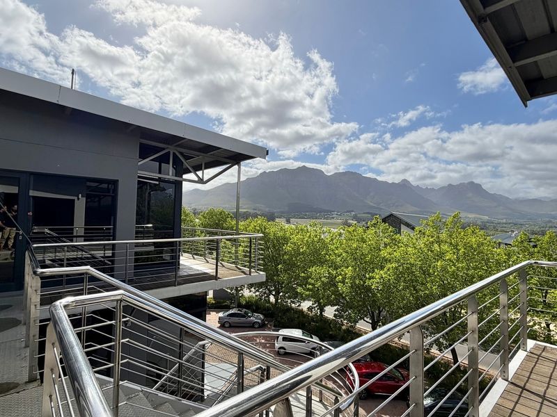 Modern office balcony featuring stainless steel balustrades and timber decking, offering expansive mountain views and direct access to the building interior.