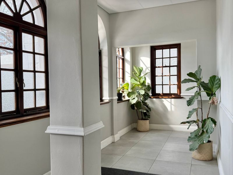 Bright and airy office space featuring classic arched timber-framed windows, neutral tiled flooring, and elegant chair rail molding throughout.