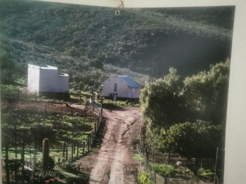 A rural farm property featuring a dirt driveway leading to a main dwelling and an outbuilding, set against a hillside landscape.