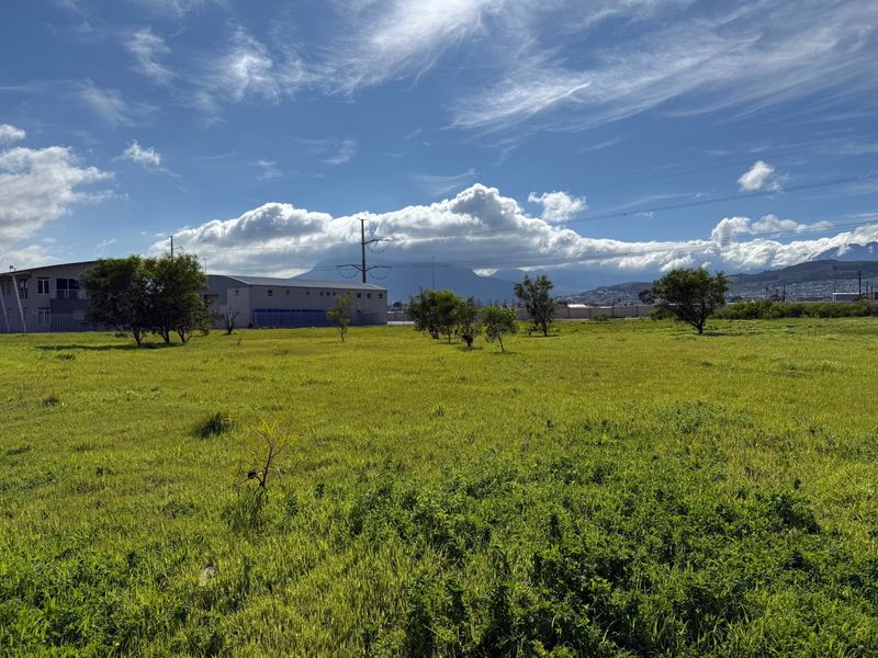 A wide, open vacant commercial plot featuring natural grassland, perimeter fencing, and distant mountain views under a clear blue sky.