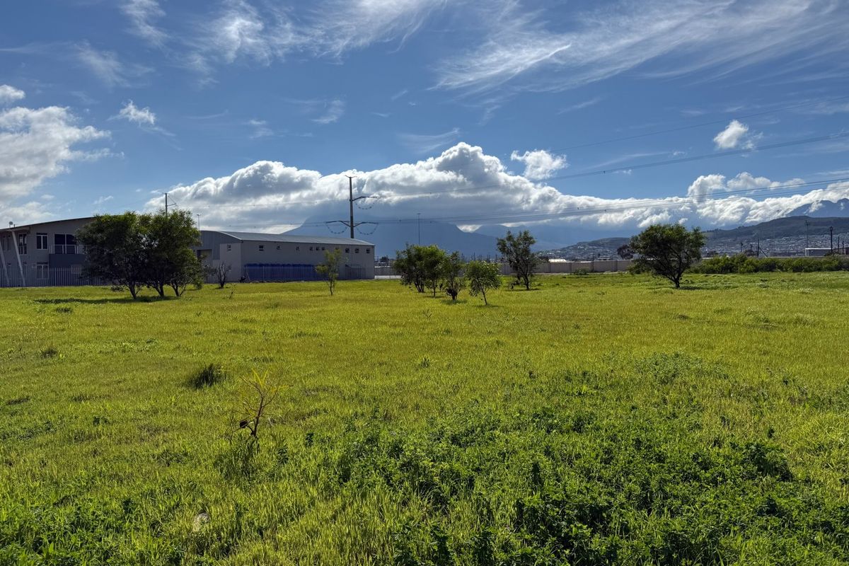 A wide, open vacant commercial plot featuring natural grassland, perimeter fencing, and distant mountain views under a clear blue sky.
