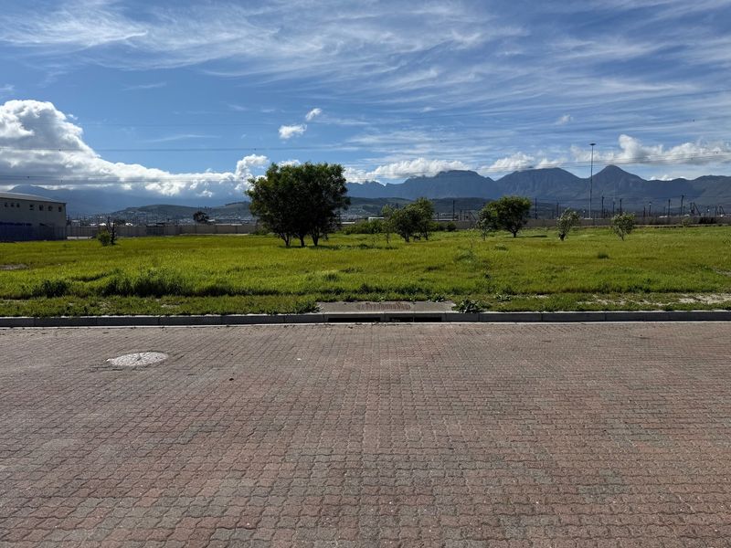 A view of the vacant commercial land from the paved street, featuring clear access and mountain views in the background.