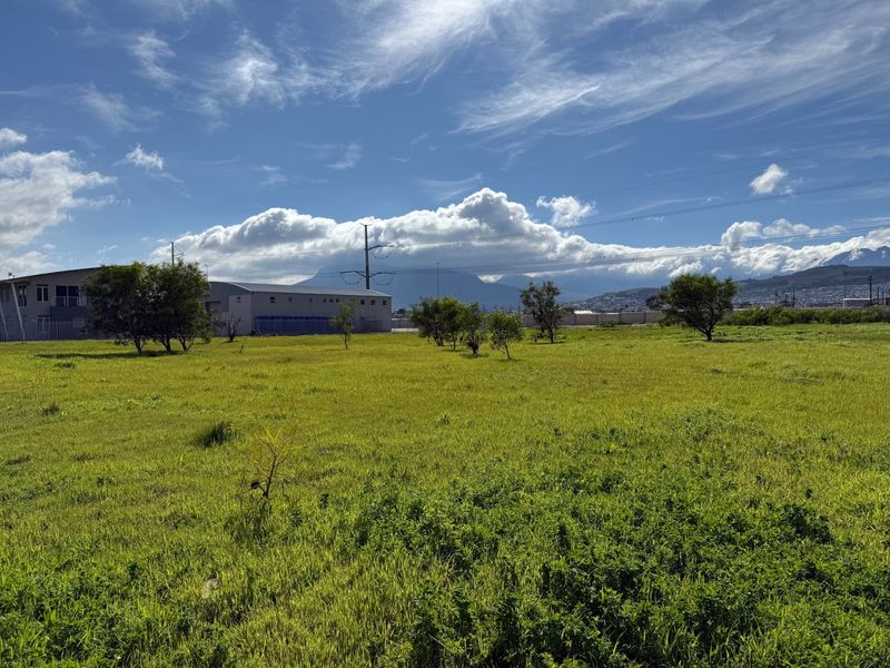 A wide-angle view of a vacant commercial land plot featuring open grassland, scattered trees, and distant mountain views under a clear blue sky.