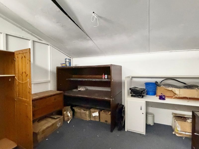 A utility space featuring a sloped ceiling with exposed wiring, suitable for storage or workshop use, requiring maintenance and cosmetic updates.